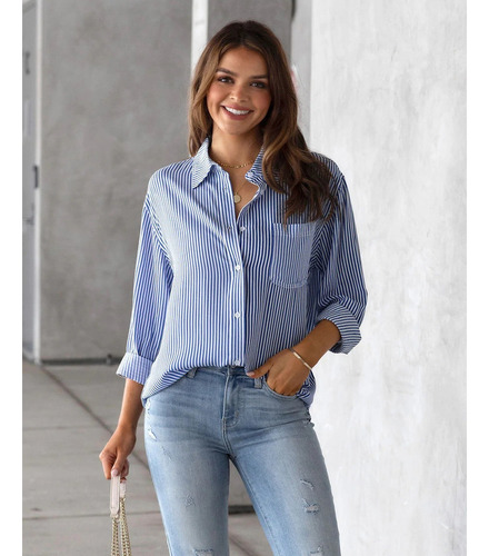 Camisa De Manga Larga Informal Holgada Con Top A Rayas Mujer