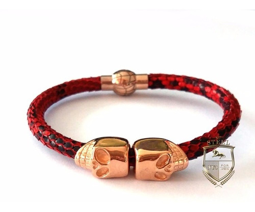 Pulsera Brazalete Piel 100% Piton Python Roja Calavera Oro