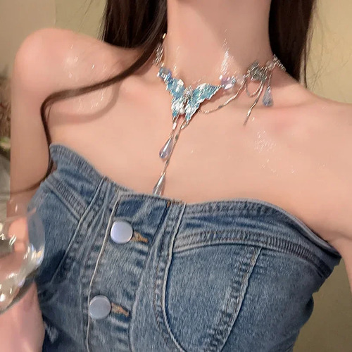 Collar De Mariposa De Cristal, Cadena De Clavícula Azul Para