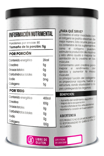Creatina + Colgeno Bunny 400 Grs 80 Serv Sabor Natural Natural