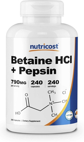 Imagen 1 de 2 de Betaína Hcl + Pepsina 750 Mg 240 Cápsulas Nutricost Usa