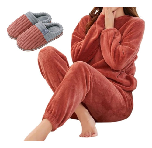 Pijama + Pantuflas Mujer Conjunto Pijama Polar Invierno