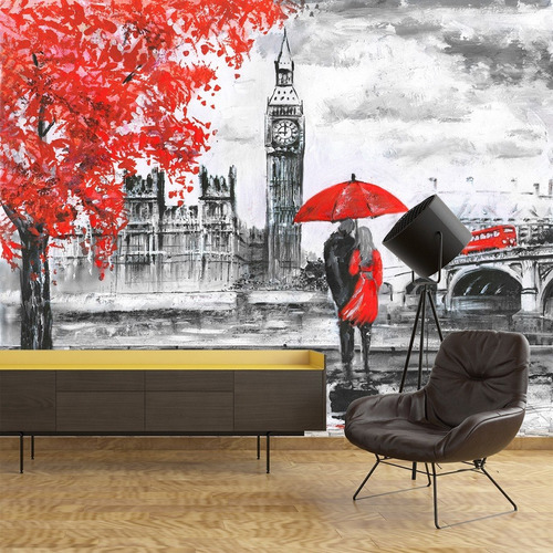 Papel Parede Moderno Vermelho Namorado Londres Aquarela Vb25