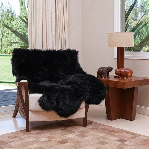 Cubre Sillón De Cuero Lanar, Pelo Largo Suave Negro