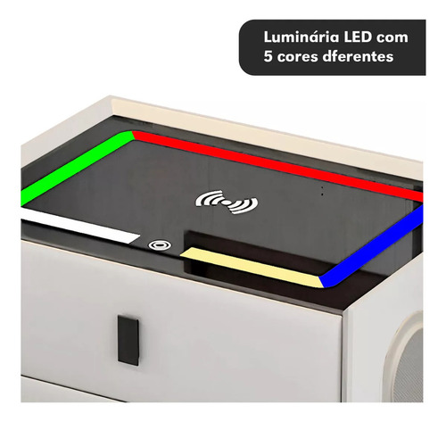 Mesa Cabeceira 2 Gavetas Branco Mesa Vidro Temperado Mesinha Auxiliar Lateral Cama Quarto Inteligente Luz Luminária Led White Arrow