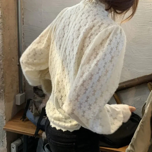 Top De Manga Larga Ajustado Con Cuello Alto Y Encaje Para Mu