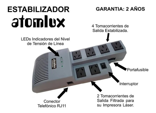 Imagen 2 de 7 de Estabilizador Atomlux De R1000 1000 Va 2 Pc