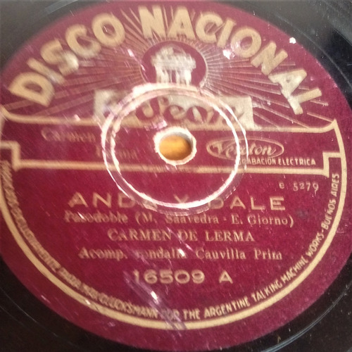 Disco Nacional Odeón 78 Rpm Canción Andaluza Carmen De Lerma (Usado)