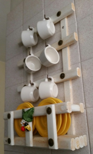 Juego 6 Tazas Café Con Base De Madera Para Fijar En Pared (Usado)