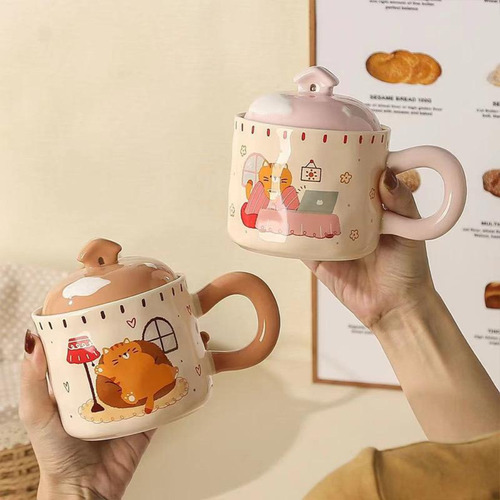 Taza De Cerámica + Tapa Casa Gatito Cat House Kawaii 400ml Marrón