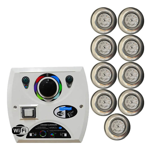 Kit 9 Refletor Led Piscina Rgb Inox 9w + Central Wifi