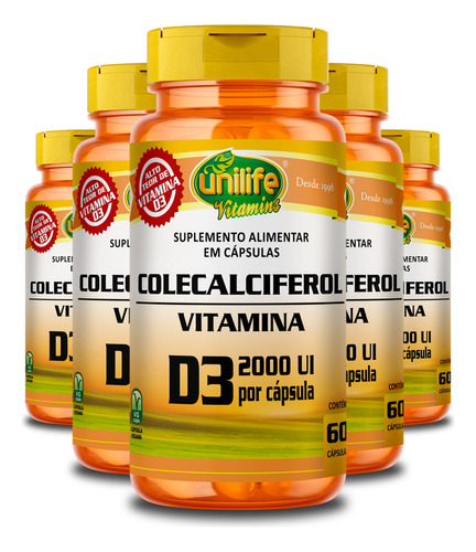 Kit 5 Vitamina D3 2000 Ui Colecalciferol Unilife 60 Cápsulas