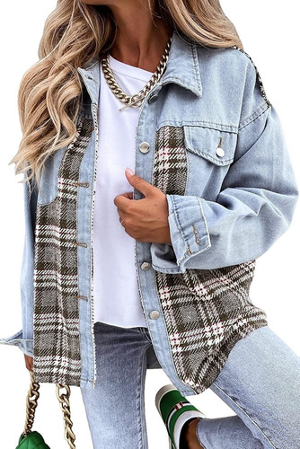 Señoras Chaqueta Denim Manga Larga Plaid Camisa Moda Casual