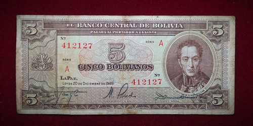 Billete 5 Bolivianos 1945 Serie A Bolivia Pick 138 Bolivar 