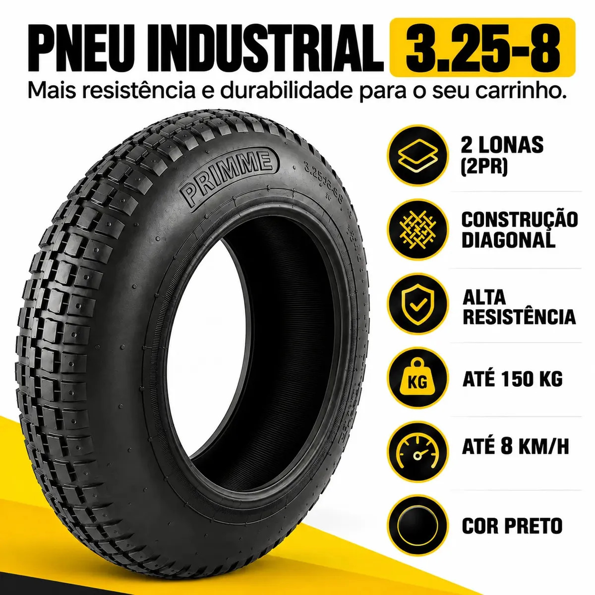 Pneu 3,25x8 Reforçado Para Carrinho De Mão Não Fura Carga Carriola 180kg Primme Carriola Manual Construção Jardinagem