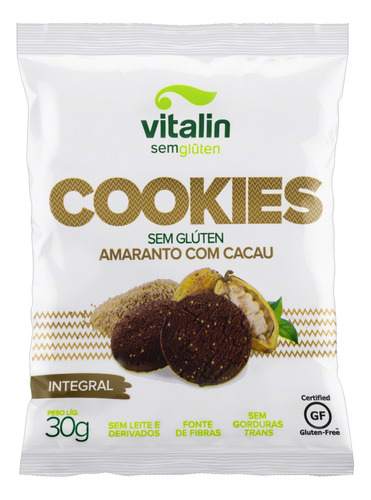 Biscoito Cookie Integral Amaranto com Cacau sem Glúten Vitalin Pacote 30g