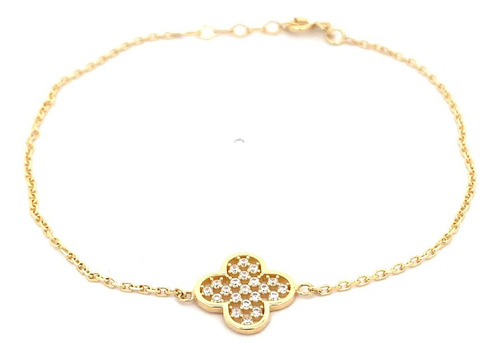 Pulsera De Oro Amarillo 18k Limada Trébol Con Piedras 