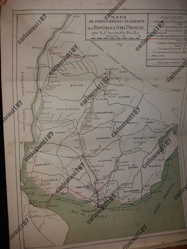 Mapa De 1894 De Ferrocarriles Y Telegrafos Uruguay C. Bollo