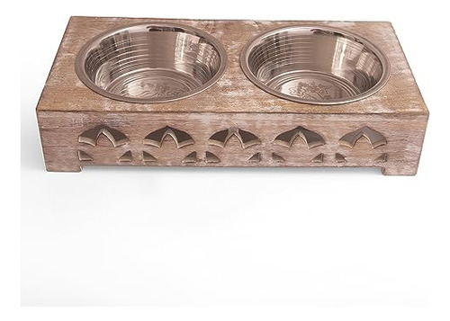 Juego 2 Cuencos Elevados Acero Inoxidable Soporte Madera Ali