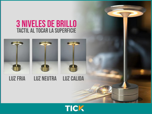 Lampara Velador De Escritorio Led Tick 02c Recargable Usb Touch Configurable Con 3 Tipos De Luz (calida, Fria, Neutra) Color: Plateado