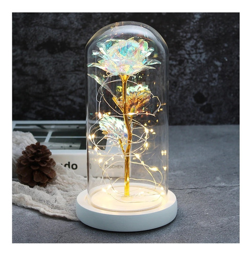 Flor Rosa Eterna Encapsulada Cristal Luz Led Calida Artifici Color Tornasol Iridiscente
