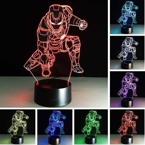 Lampara Led 3d Mesa Iron Man Holograma Niños Velador Led Ilu