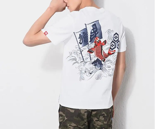 Camiseta De Manga Corta Con Estampado Japonés Para Hombre, C