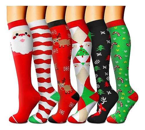 6 Pares De Calcetines De Compresión Navideños, Calcetines De
