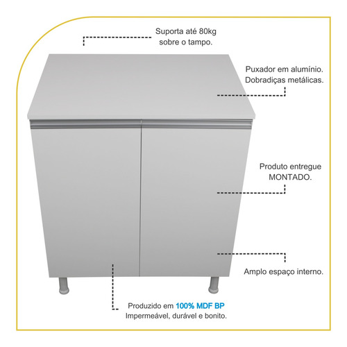 Armario Balcão Cozinha 70cm Mdf 2 Portas Tampo + Prateleira