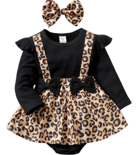 Vestido Pañalero Negro  Overal De Animal Print Para Bebe 