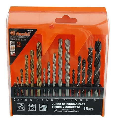  Juego De Brocas Para Madera Cemento Metal 16 Piezas Asaki