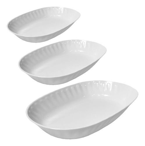 Kit 3 Travessas De Melamina Oval Funda Branco 23cm/25cm/30cm