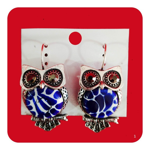 Imagen 2 de 2 de Aretes De Talavera Poblana Azul Con Metal Acero M1 Buho