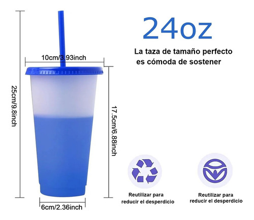 Vasos Magicos Cambian De Color Con Tapa Y Popote 710ml 10pzs