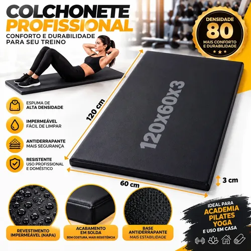 Colchão Extra Grande 120x60 Abdominal Colchonete Academia Preto pilates yoga tapete funcional feito em espuma resistente grossa
