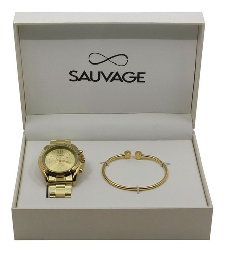 Set Reloj Y Brazalete Dorados De Dama Con Estuche Sauvage