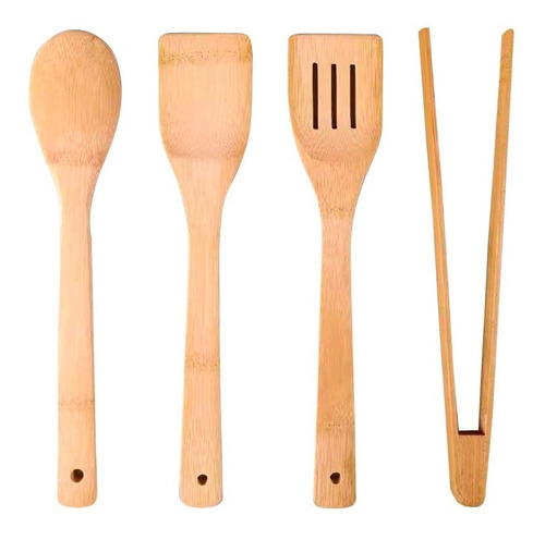 Set X4 Utensillos Madera Bambu Cuchara Espatula