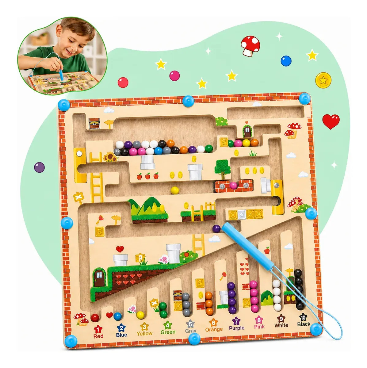 Labirinto Magnético Coordenação Motora Pedagógico Imã Montessori Madeira Brinquedo Infantil Educativo Colorido Criança Quebra Cabeça Kizumba