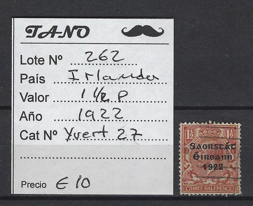 Lote262 Irlanda 1, 1/2 Pence Año 1922 Yvert#27