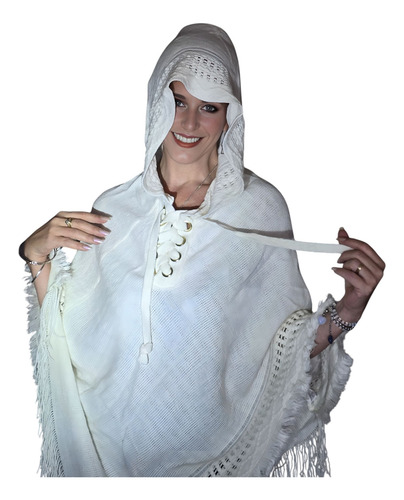 Ruana Manta Poncho Importado Calado Con Flecos Y Capucha