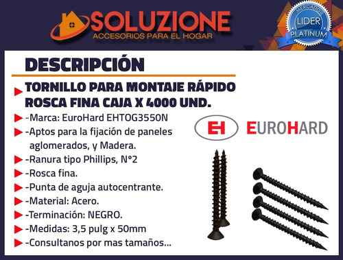 Tornillo Autoperforante 3,5 X 50 X 4000 Unid Eurohard Negro
