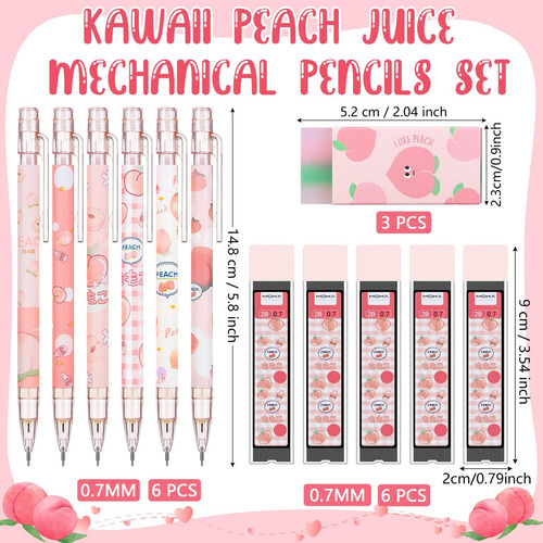 Juego De 15 Lápices Mecánicos Kawaii, Bolígrafo De Regalo De Melocotón.