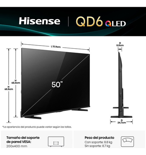 Combo Hisense Pantalla Qled 4k De 50 50qd6qv Vidaa U Compatible Con Alexa ,dolby Vision Atmos, Escalado Ia A 4k, Hdmi, Lan, Wifi. Control De Voz. Bluetooth. (2025) + Barra De Sonido Hisense 2.1 Ch 24