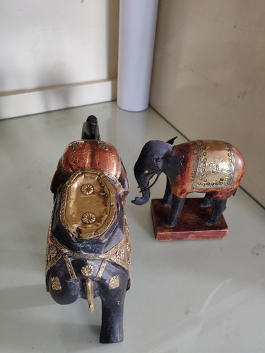 Antiguo Elefante De Madera Y Bronce Dorado (Usado)