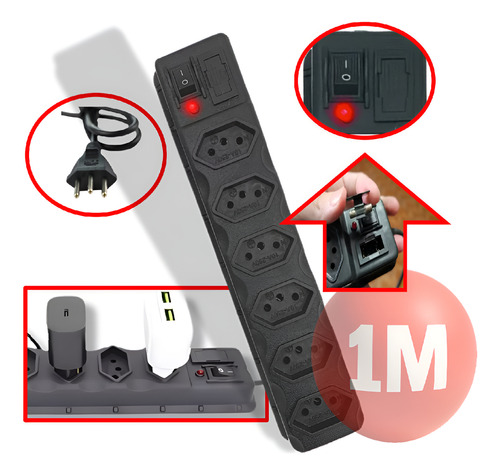 Régua De Extensão Elétrica Filtro Linha 6 Tomadas Bivolt Led