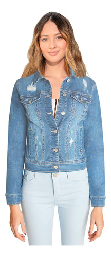 Chamarra Dama Mezclilla Stretch Denim Con Rupturas