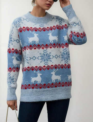 Suéter Punto Suave Con Copos De Nieve Para Mujer Navidad