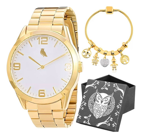 Relógio Feminino Banhado Ouro Aço + Pulseira Pandora + Caixa