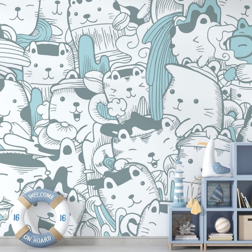 Papel Tapiz Europeo Wallpaper Ilustración Gatos Nursery Cats