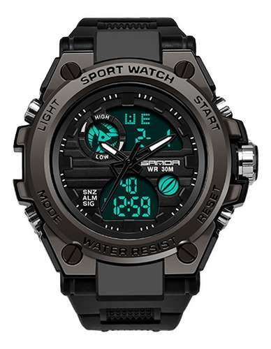 Reloj pulsera Sanda 739 de cuerpo color negro, analógico-digital, para hombre, fondo negro, con correa de poliuretano color negro, agujas color negro y blanco, dial negro, subesferas color negro y gris, minutero/segundero blanco, bisel color negro, luz celeste y hebilla simple